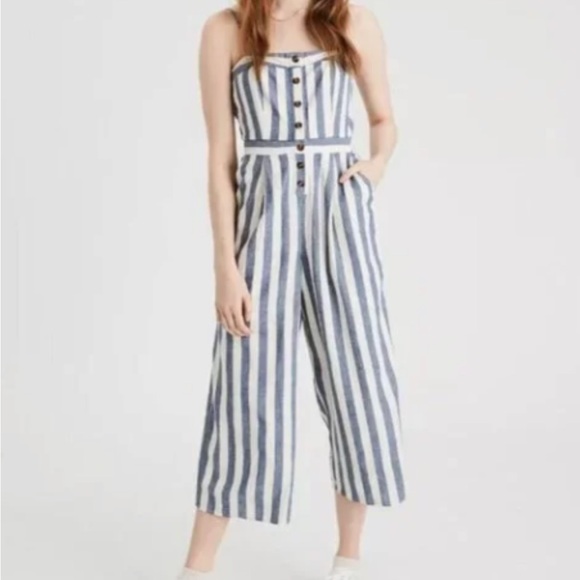 American Eagle Outfitters Pants - American Eagle Blue & White Vertical Striped Jumpsuit Strapless Button Front M
